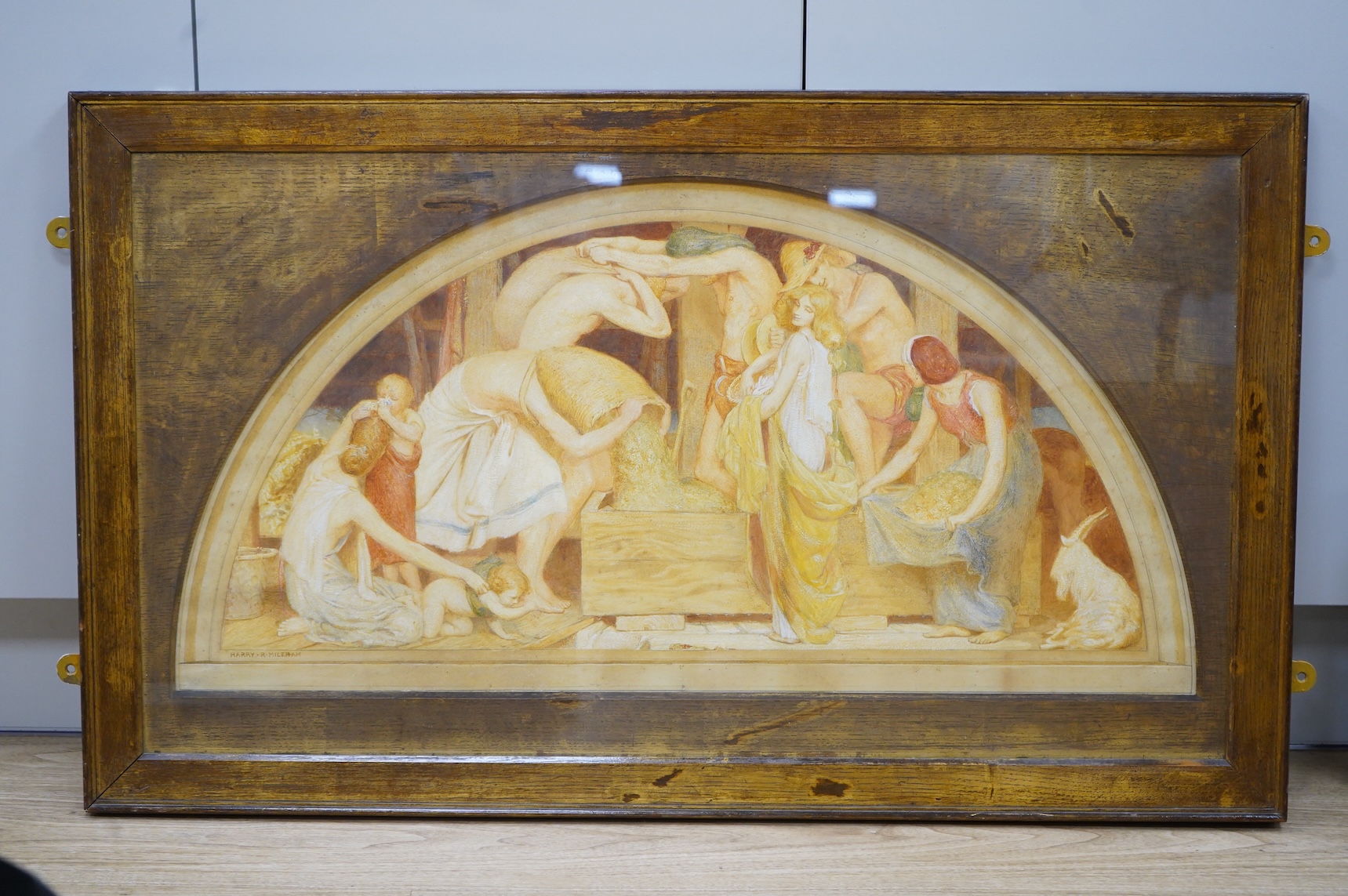 Harry Mileham (1873-1957), 'The Vintage', signed, fan shaped watercolour heightened with white, together with a catalogue of works by the artist, 42 x 84cm
